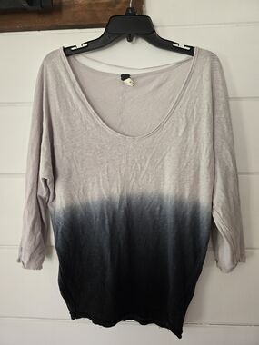 We The Free Ombre Scoop Neck Long Sleeve Top - Light Gray to Black Xs